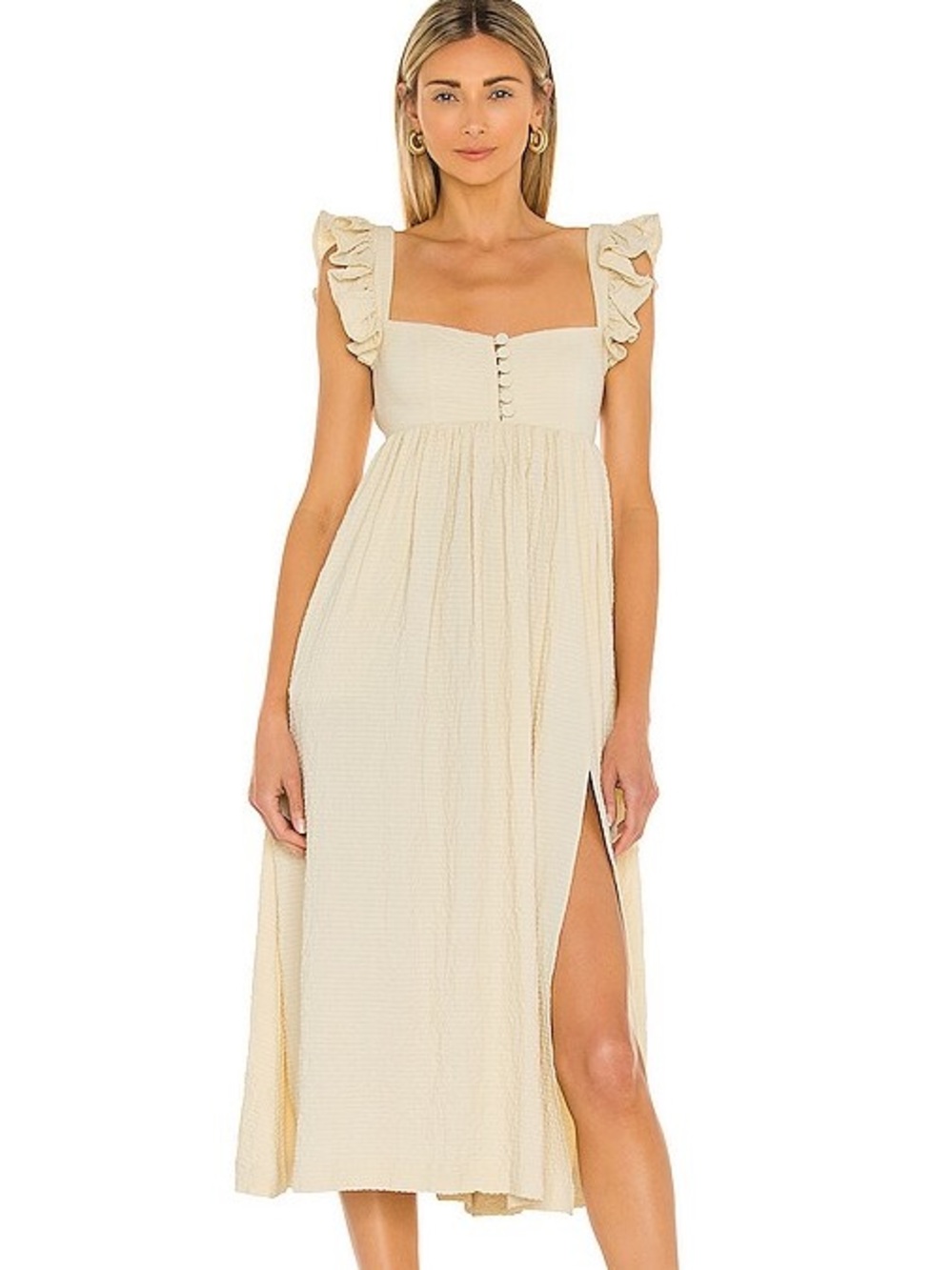 LPA Auburn Ivory Ruffle Strap Midi Dress with Front Buttons